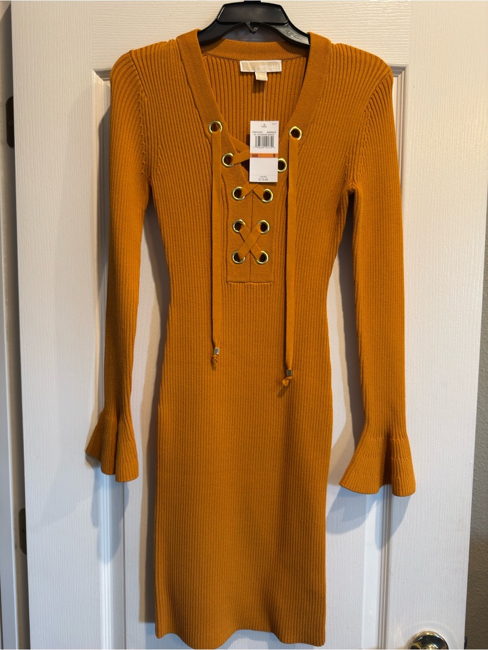 Michael Kors Ribbed Lace-Up Long Sleeve Dress - Mustard
